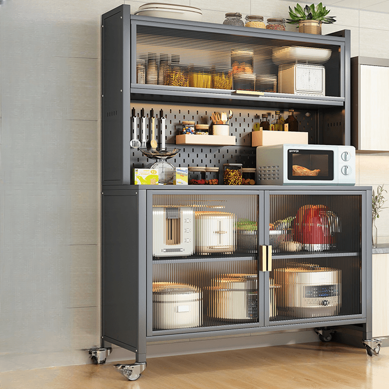 Mobile Sideboard with Caster Wheels, Steel Countertop, and Microwave Organizer
