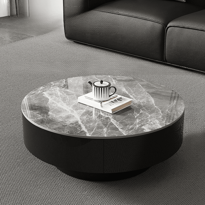 Elegant 1-Tier Circular-shaped Slate Side Table with Drum Base and Midnight Black Top, Includes 2 Drawers/1 Drawer thumbnail 2
