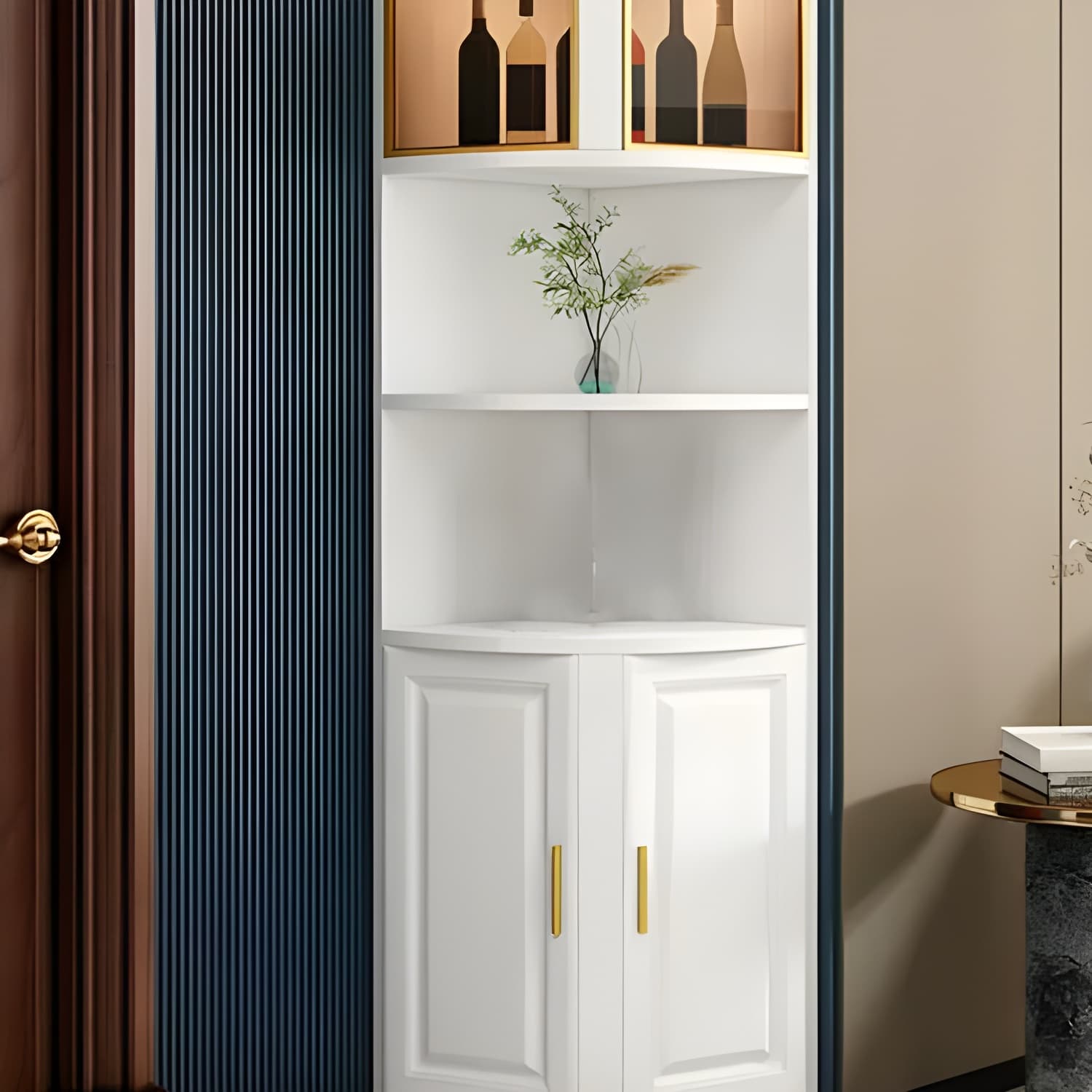 Modern White Corner Accent Cabinet with Glass Doors and 2 Interior Shelves thumbnail 6