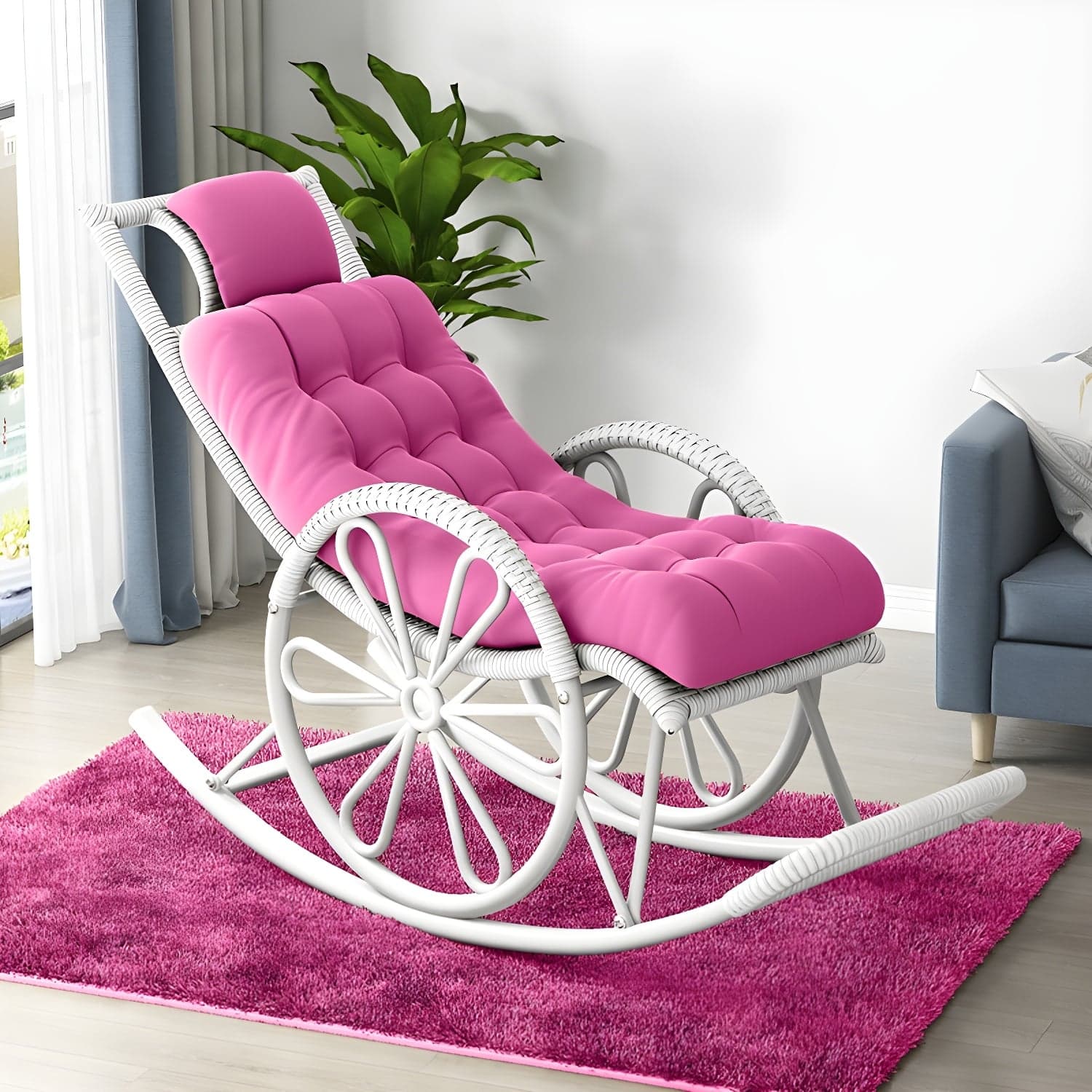Modern Rocker Wicker Removable Cushions Tufted with Gray Frame Rocking Chair thumbnail 7