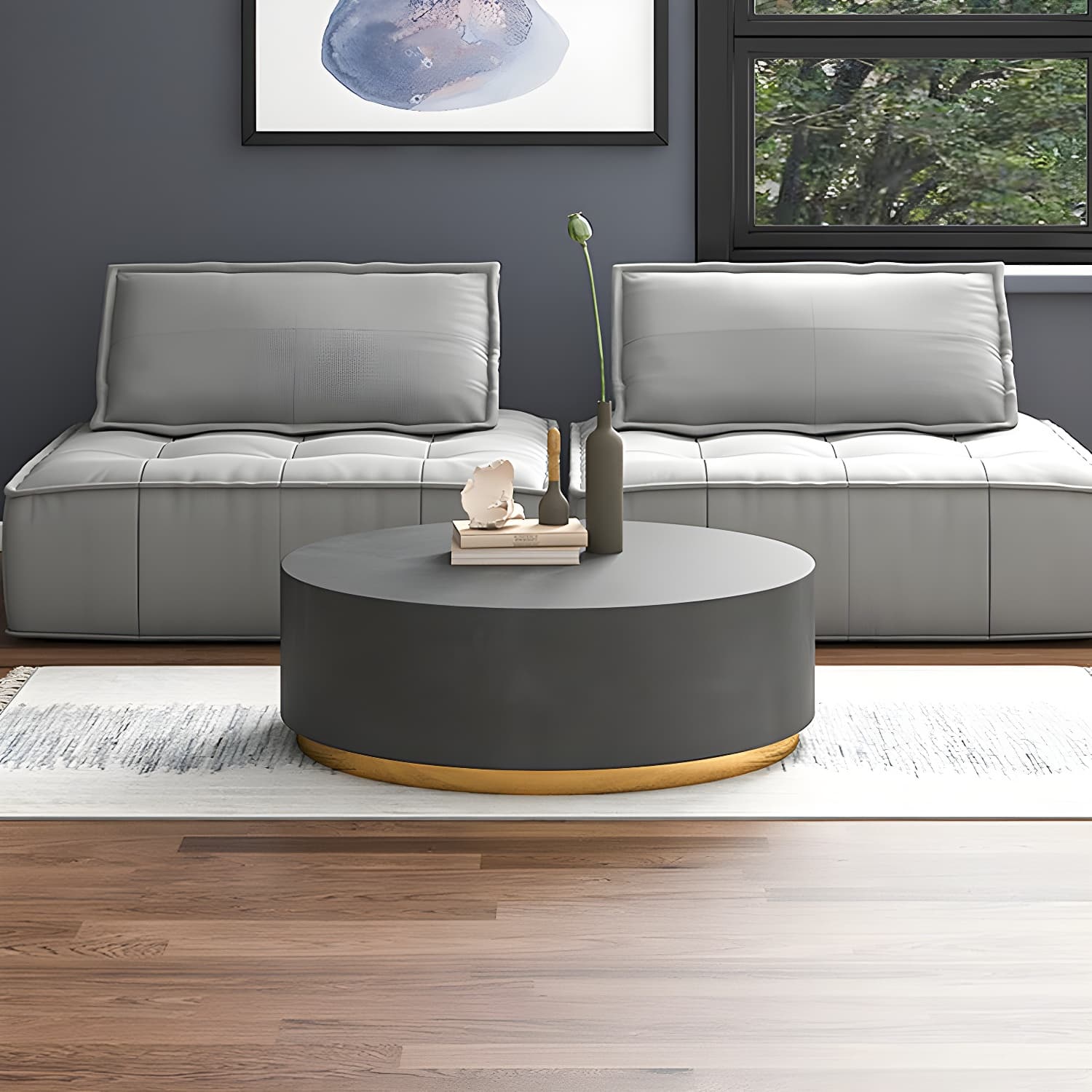 Drum Base Design Black/grey Faux Concrete Top Metal Base Round Coffee Table thumbnail 7