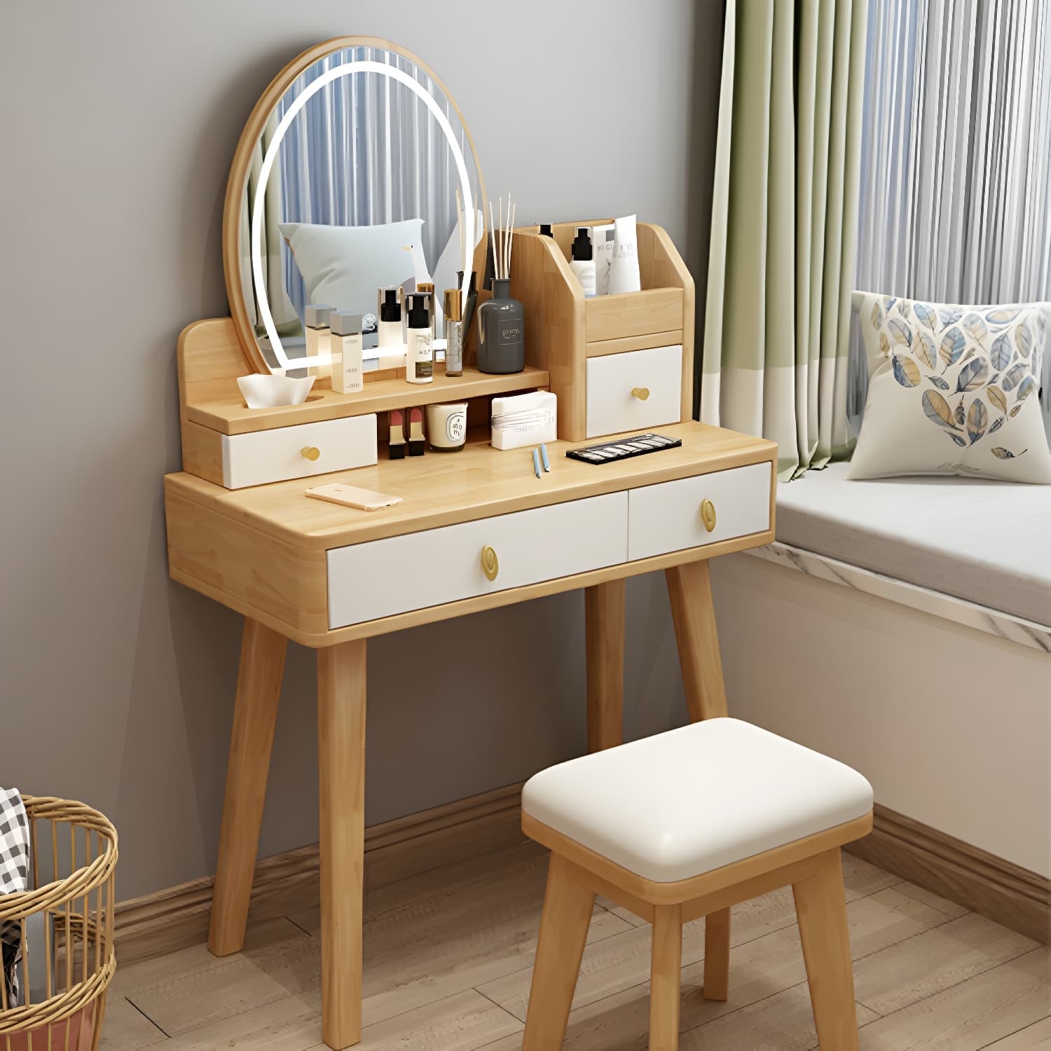 Modern Wood Makeup Vanity with Drawers, Mirror & Upholstered Chair thumbnail 9