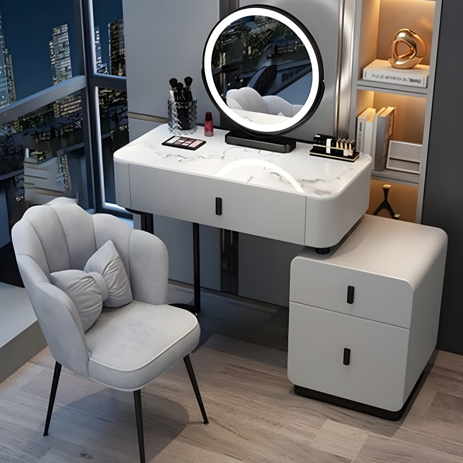 Modern Stone Top Makeup Vanity Desk with Solid Wood Storage Drawers thumbnail 14