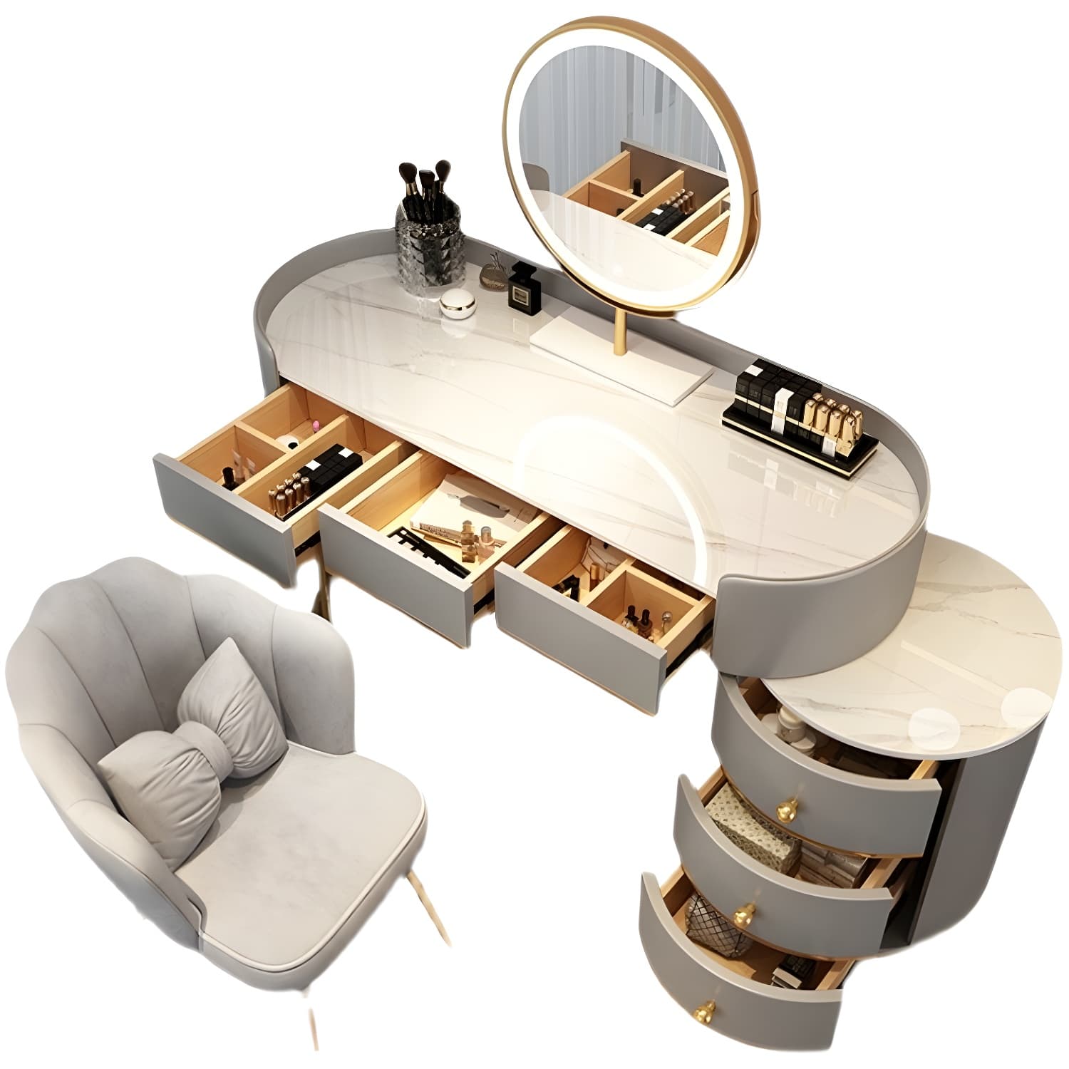 Contemporary Bedroom Metallic Lighted Mirror With Drawer Makeup Vanity Set thumbnail 9