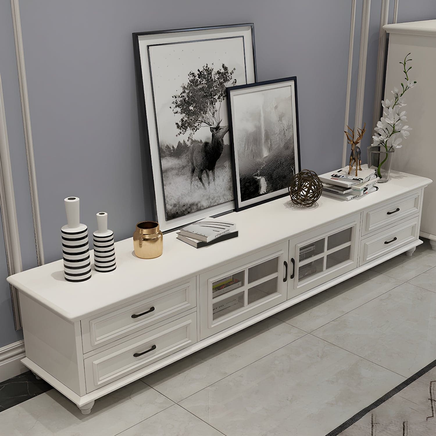 Modern Wood TV Stand with Drawers, Shelves, and Legs - Low Height - Cable Management