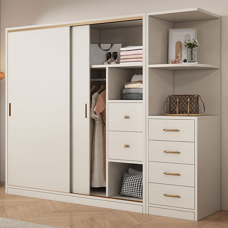 Modern White Wood Wardrobe Armoire with Sliding Doors and Soft Close Drawers thumbnail 3