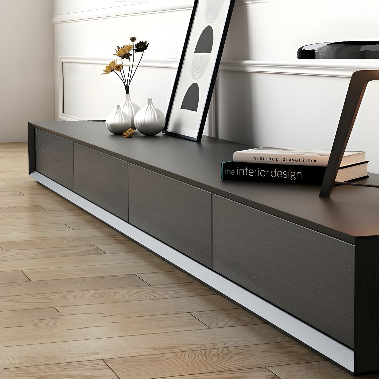 Modern Minimalist Black Finish TV Stand Console with Storage Drawers thumbnail 8