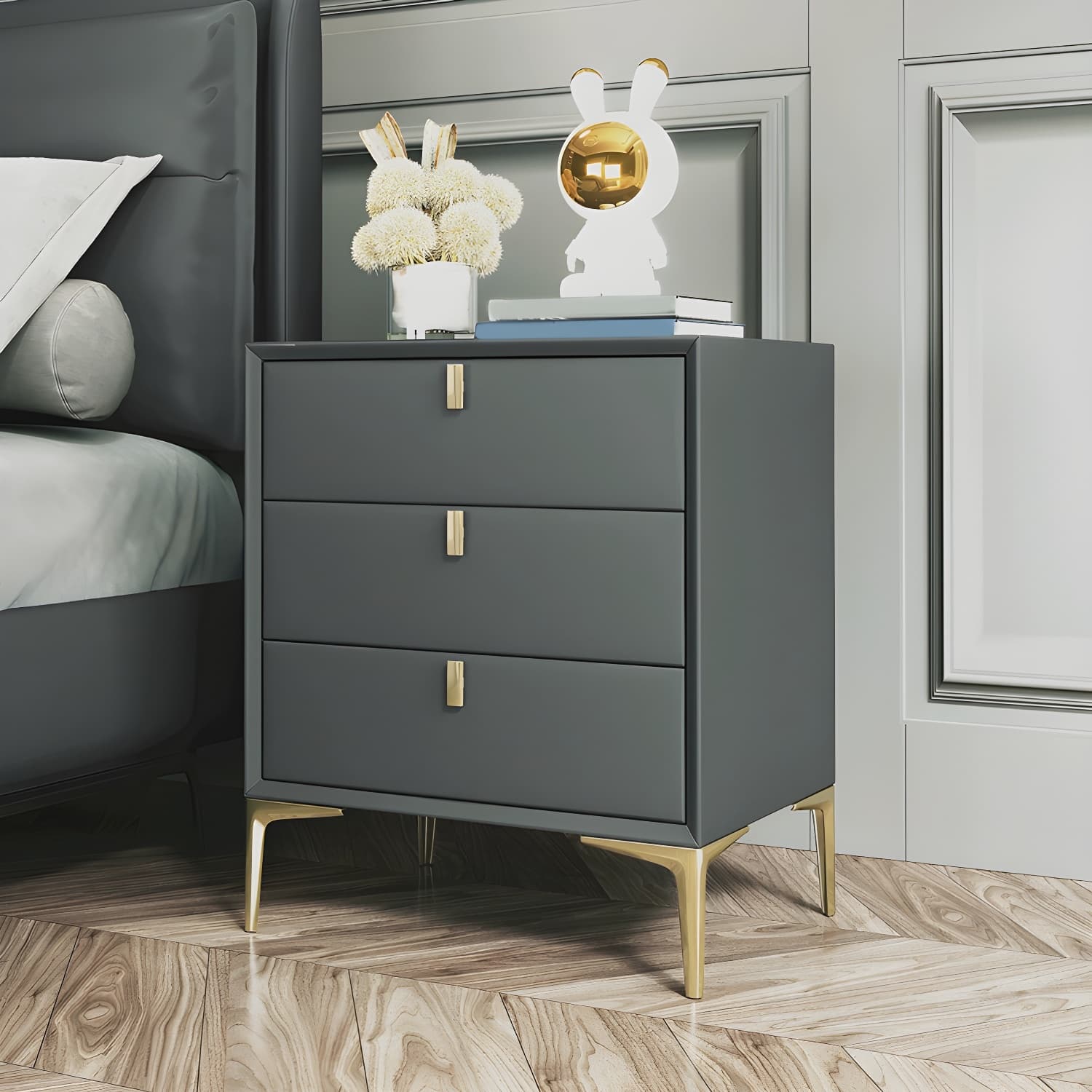 Glam Style Solid Wood 3-Drawer Nightstand with Legs for Bedroom thumbnail 4