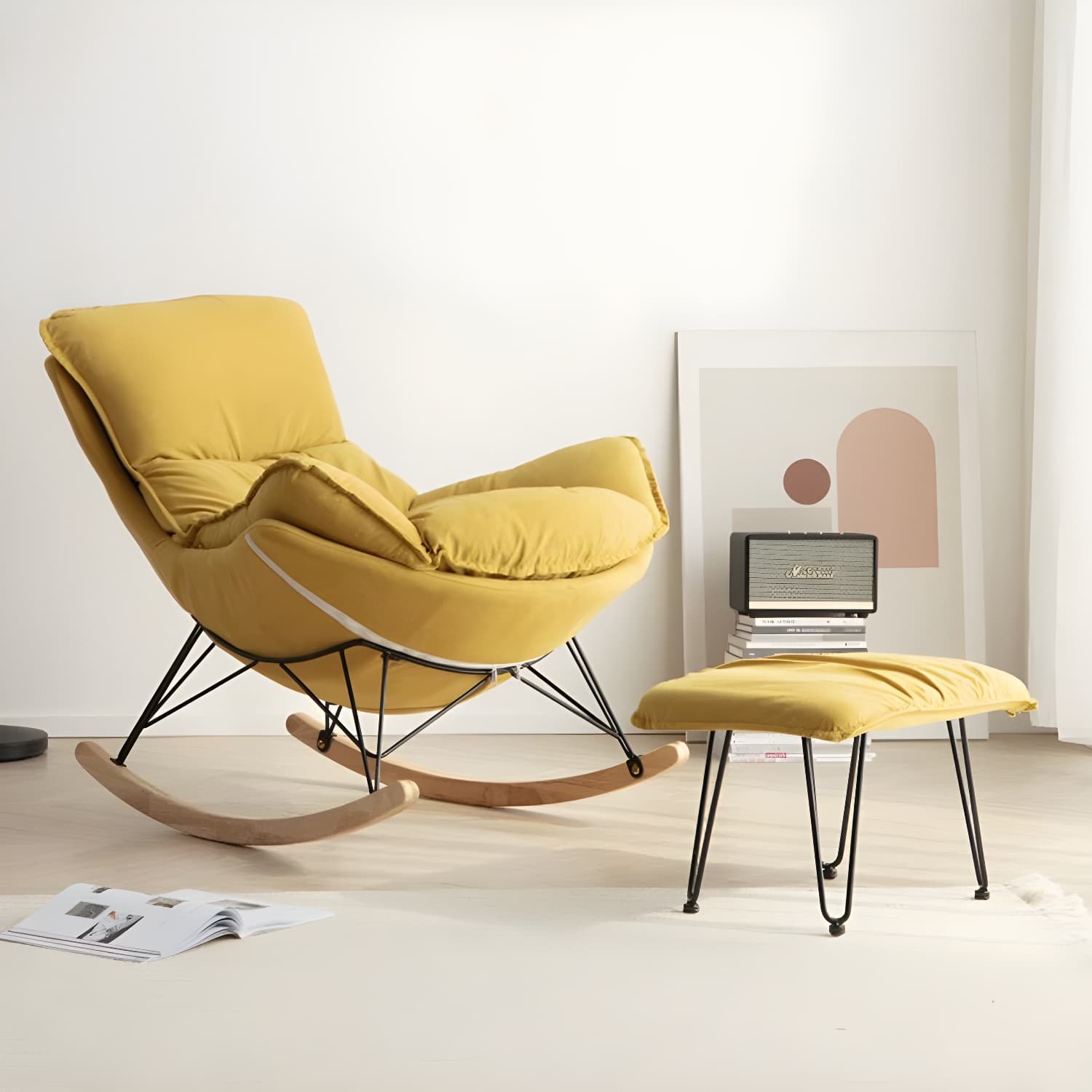 Modern Upholstered Rocking Chair with Ottoman Set - Natural Wood Legs thumbnail 12