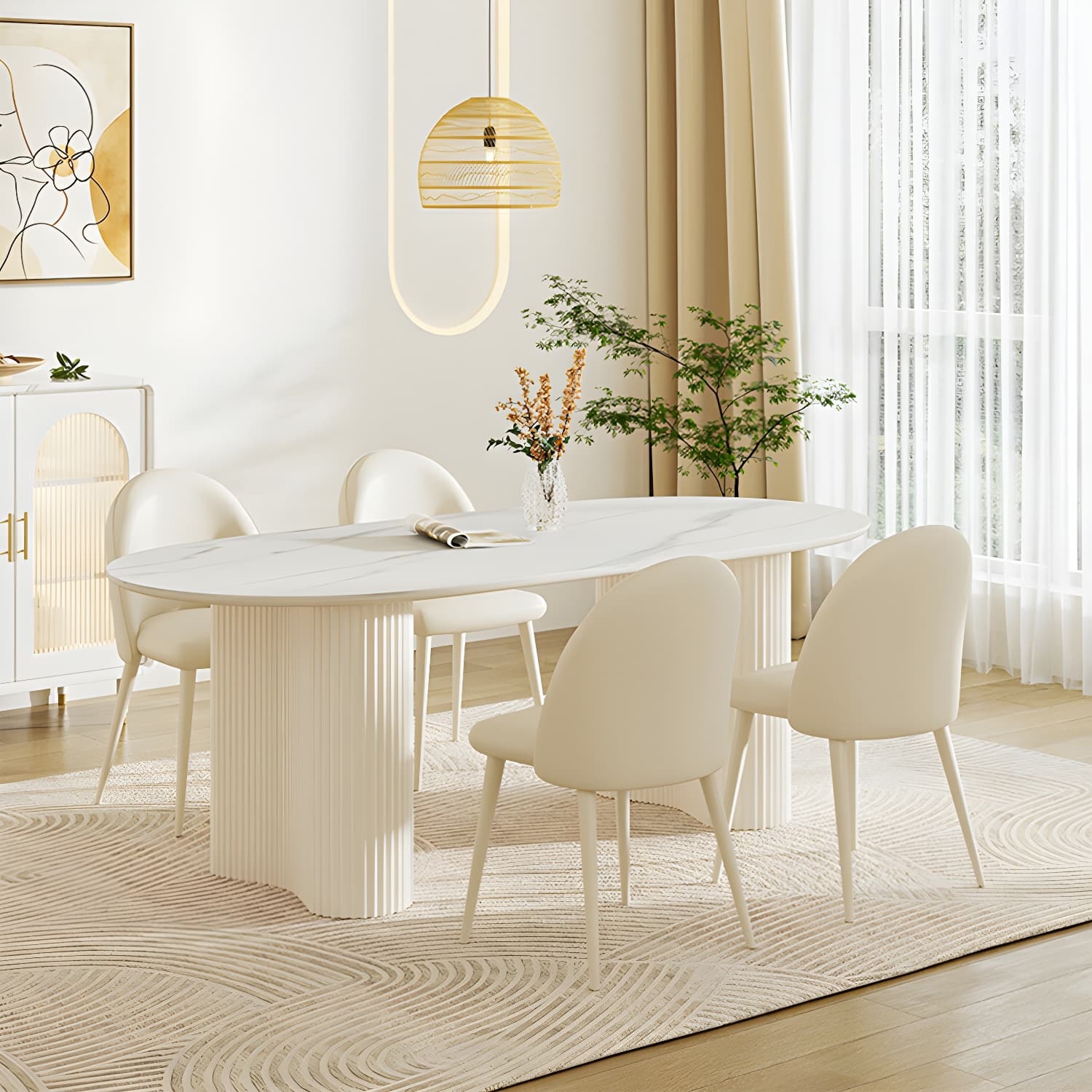 White Modern Stone Top Kitchen Dining Table with Metal Base for Home thumbnail 6