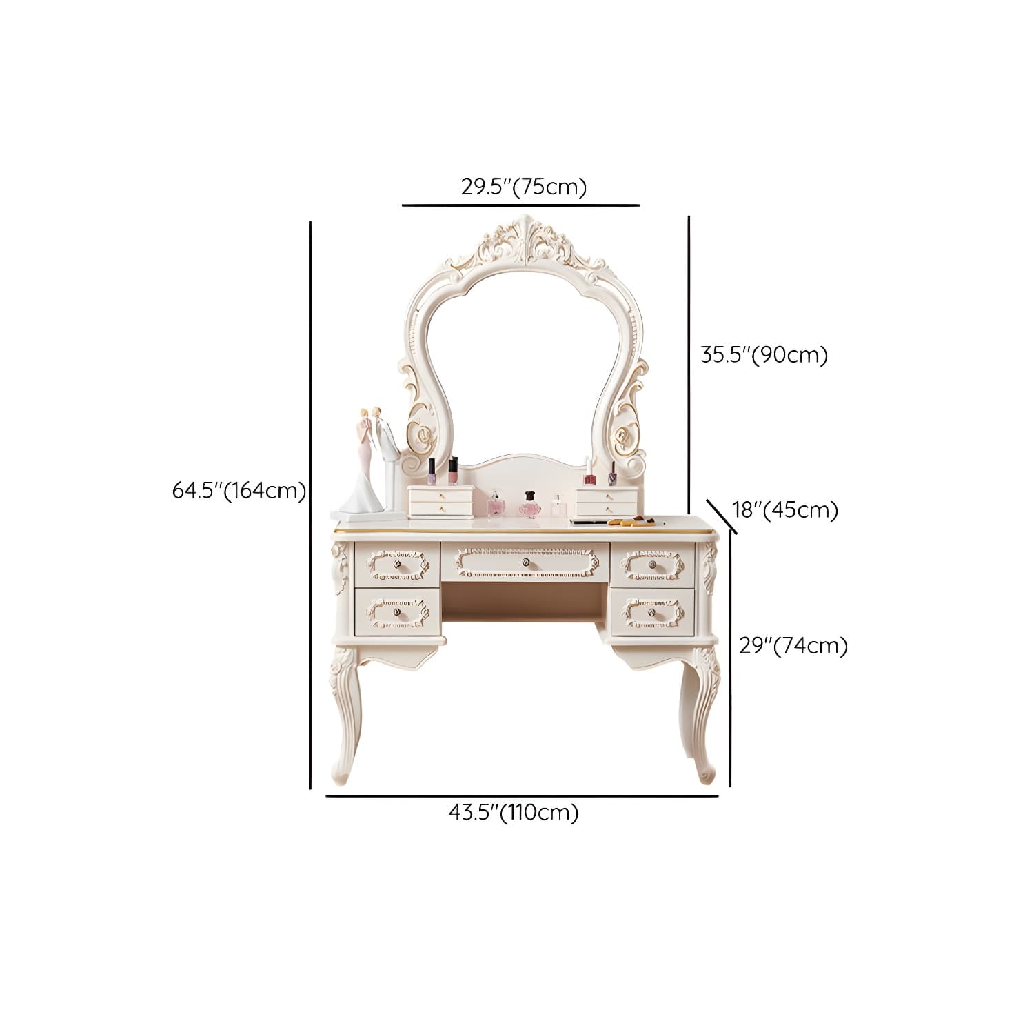 White Victorian Wood Vanity Dressing Table with Drawers Mirrored Makeup Vanity thumbnail 13