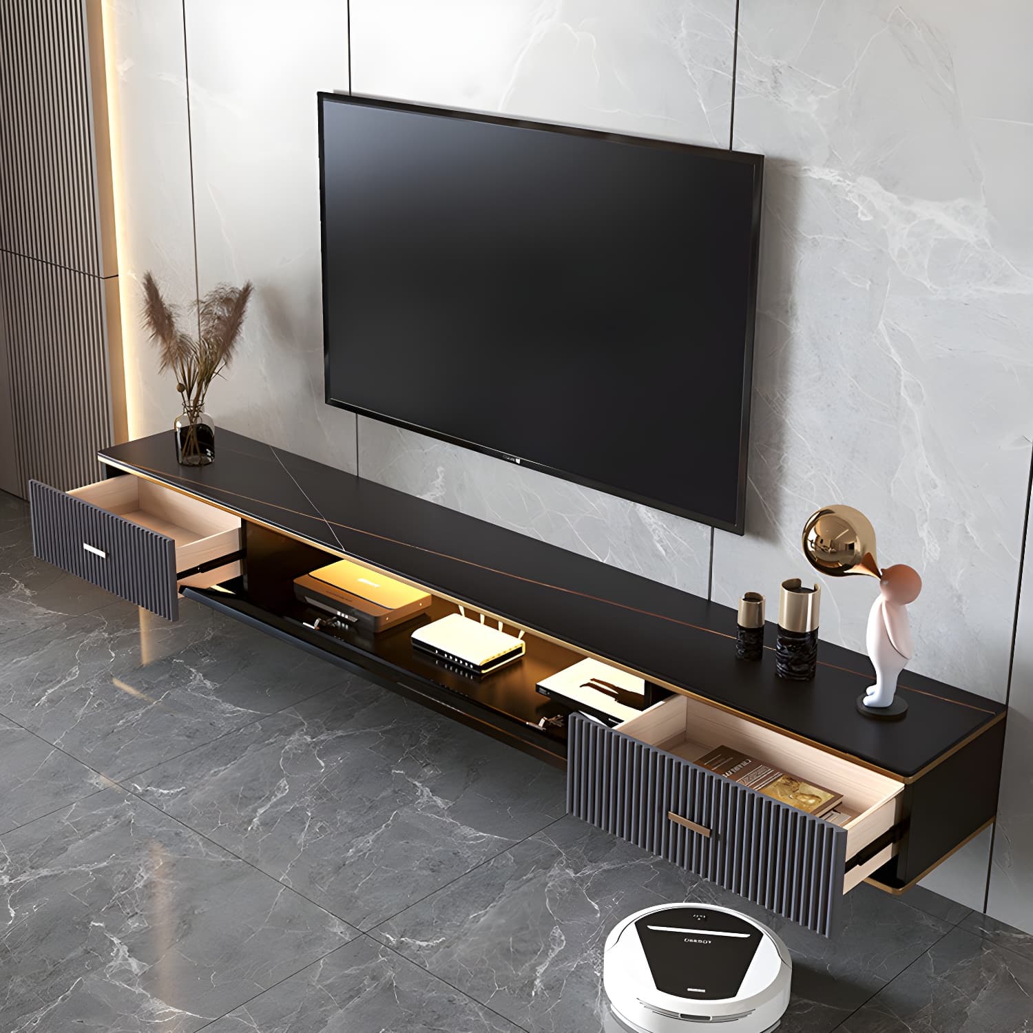 2 Drawers Contemporary TV Stand Stone Wall-mounted TV Cabinet thumbnail 8
