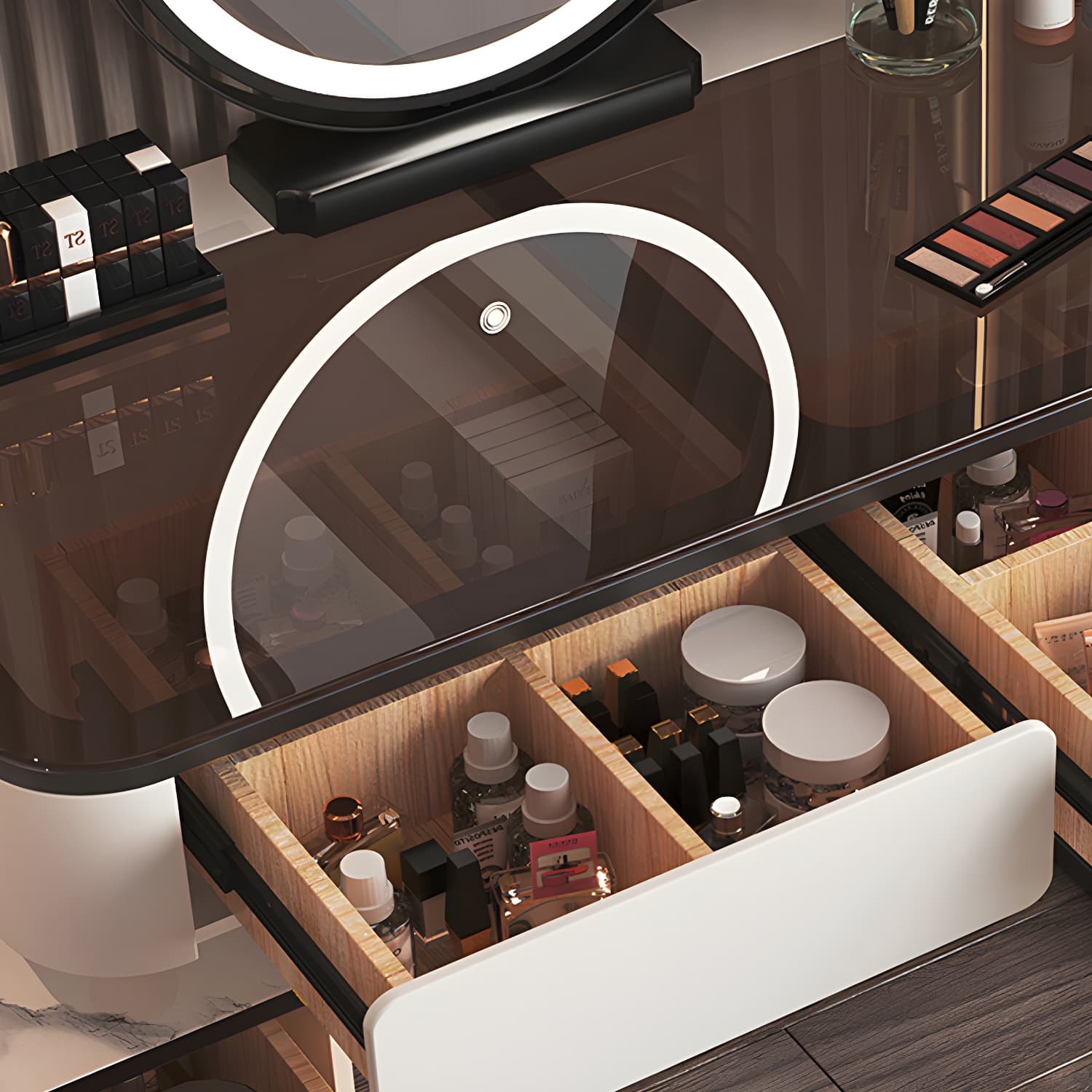 Glass Top Make-up Vanity Wood Dressing Table with Storage Drawers thumbnail 7
