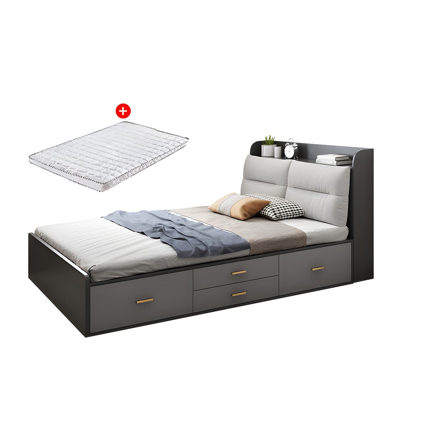 Scandinavian Low Profile Bed with Headboard Upholstered Bed with Drawers thumbnail 16