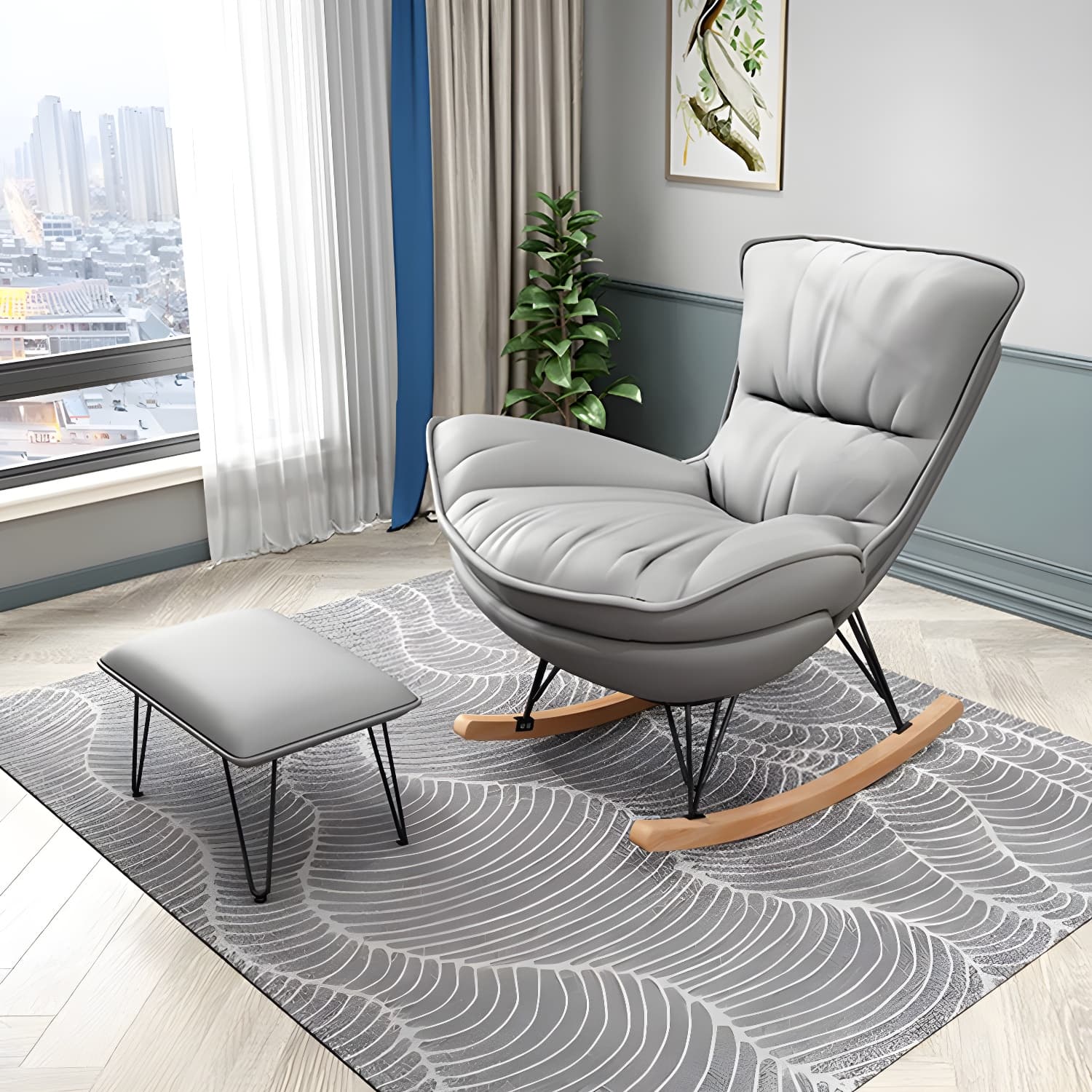 Stylish Modern Indoor Rocking Chair with Ottoman - Upholstered Seat and Natural Wood Legs thumbnail 5