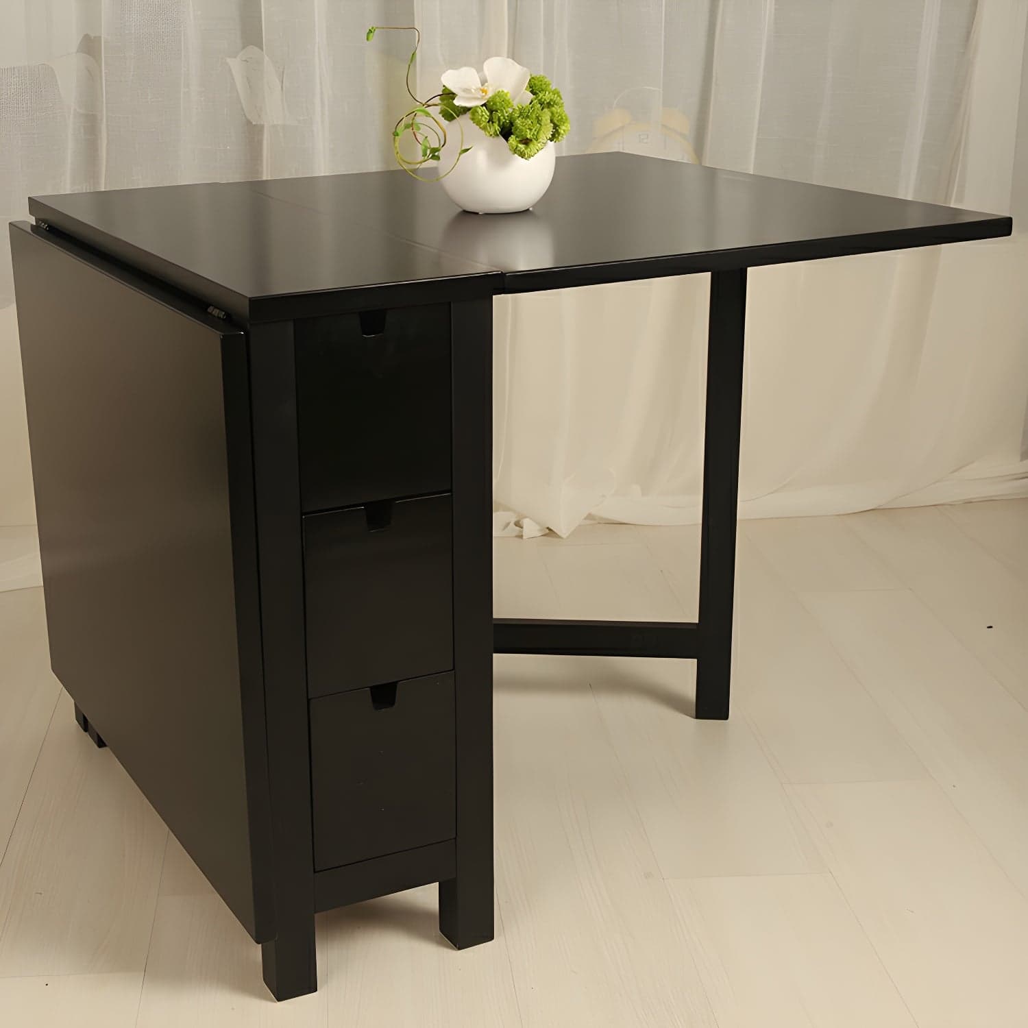 Modern Birch Wood Drop Leaf Rectangle Kitchen & Dining Table with Pedestal Base and Storage Included thumbnail 1