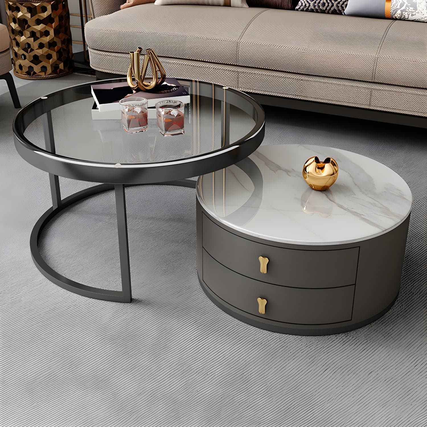 Modern Coffee Cocktail Table Round Nesting Coffee Table Set with Drawer thumbnail 6