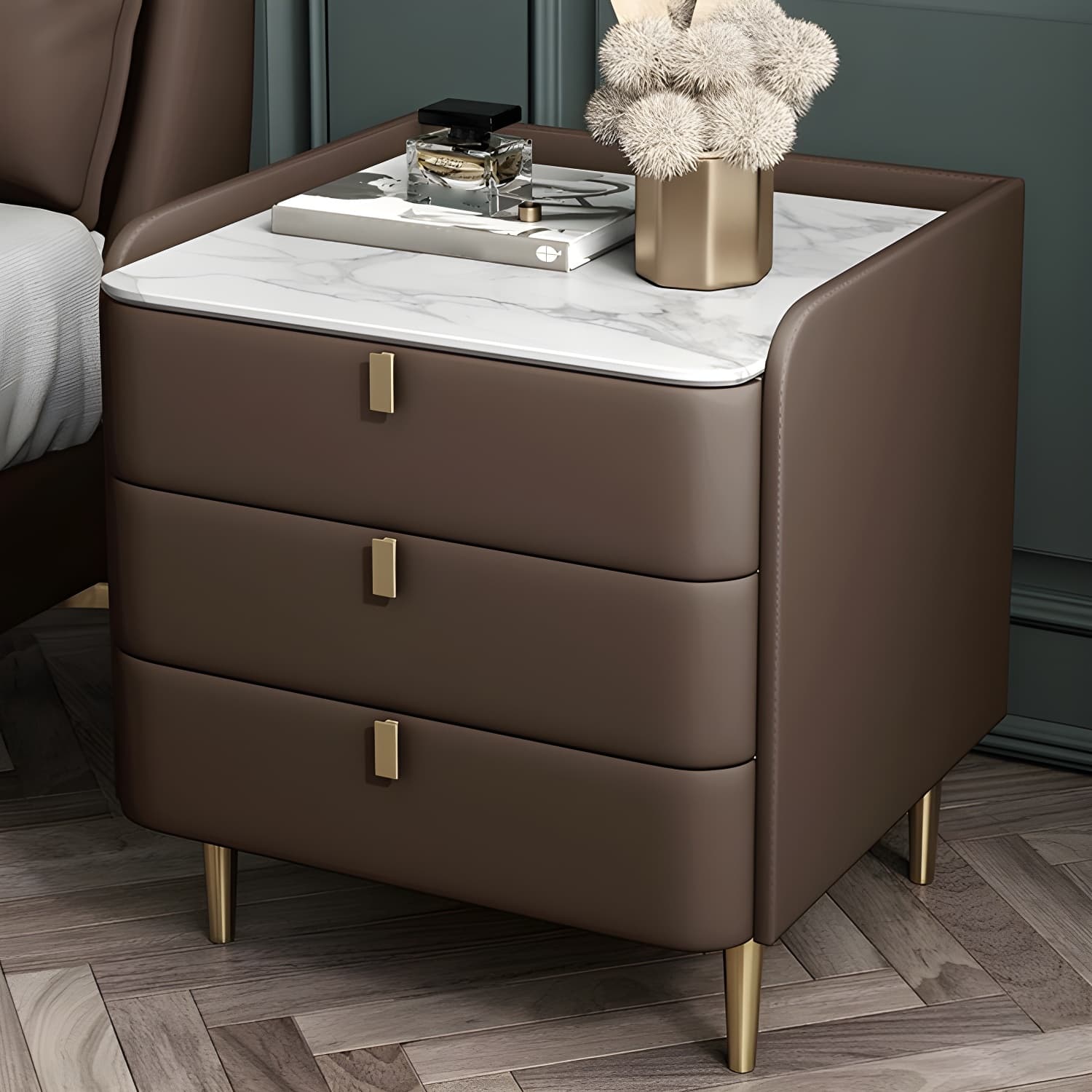 Stone Top Nightstand 3-drawer Leather Night Table with 4 Legs thumbnail 4