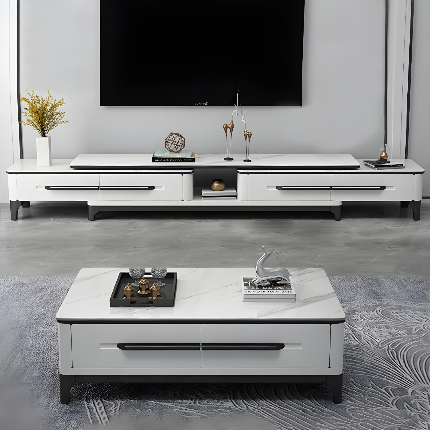 Modern Stone TV Stand with Long Length, Open Storage and Drawers featuring Wood Shelves thumbnail 5