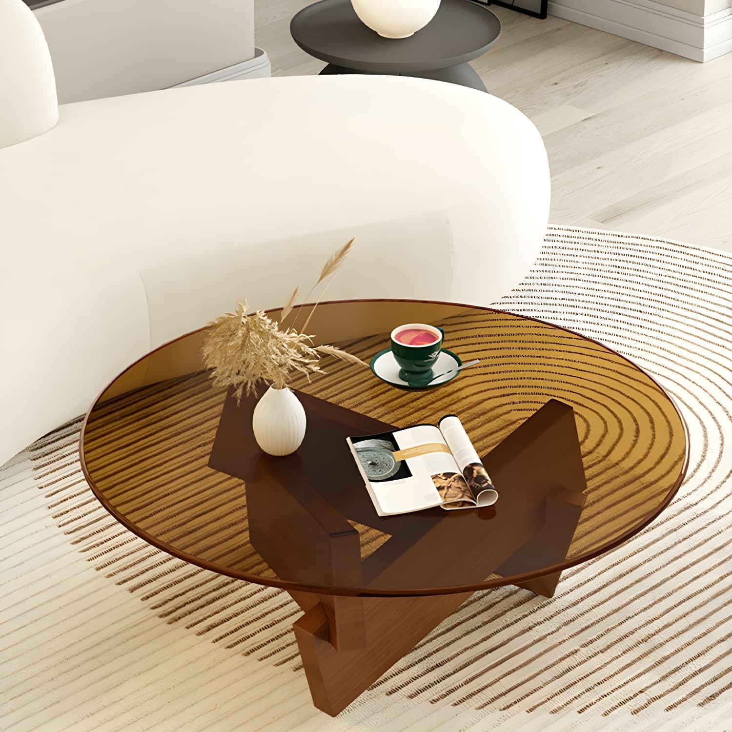 Stylish Round Glass Coffee Table with Tempered Top and Abstract Wood Base thumbnail 6