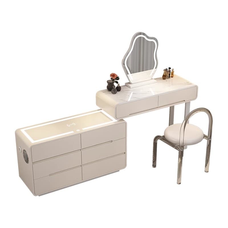 Simplistic Large Vanity Set with Stone Table Top, Clear Seating, 8 Drawers, and Mirror Lights thumbnail 2
