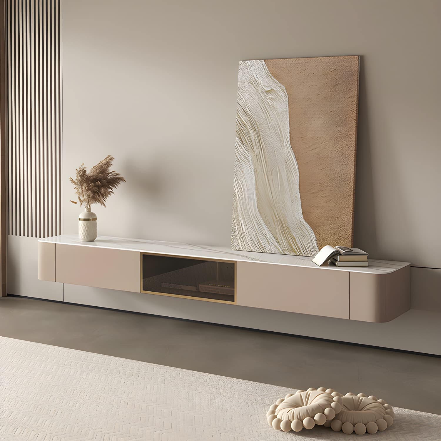 Brown Modern TV Stand with Floating Mount Design, Drawers, and Cable Management thumbnail 9