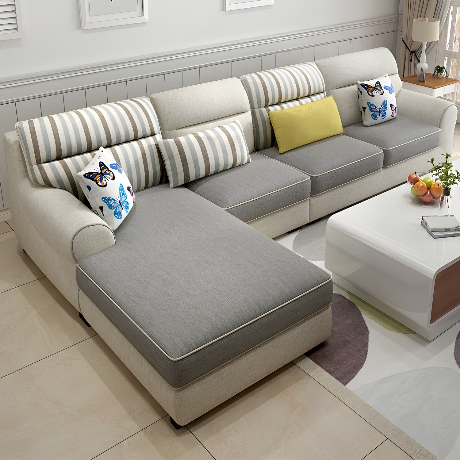 Large Modern L-Shape Stationary Wood Sectional Sofa with Round Arm and Cushion Back thumbnail 13