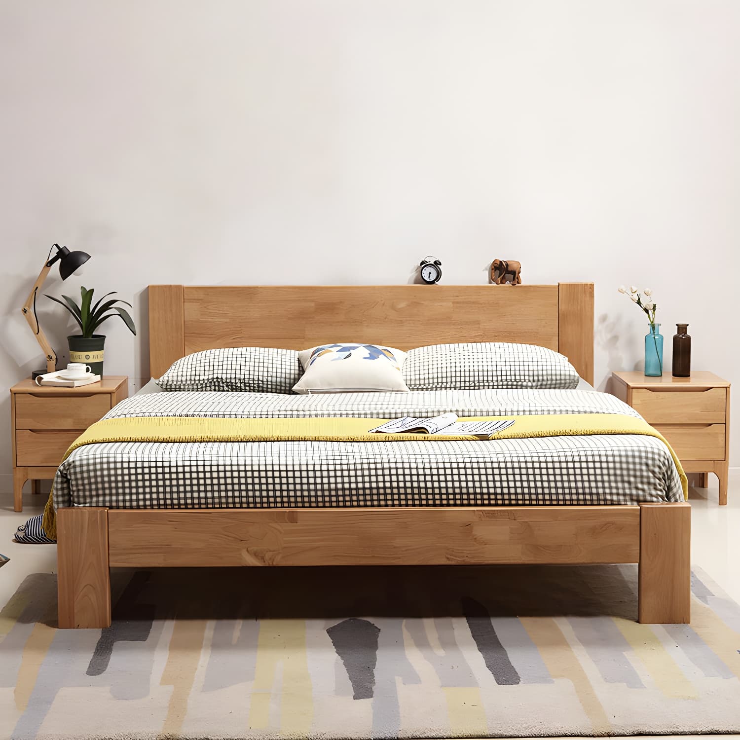 Modern Solid Color Panel Bed Rubberwood Standard Bed with Headboard thumbnail 3