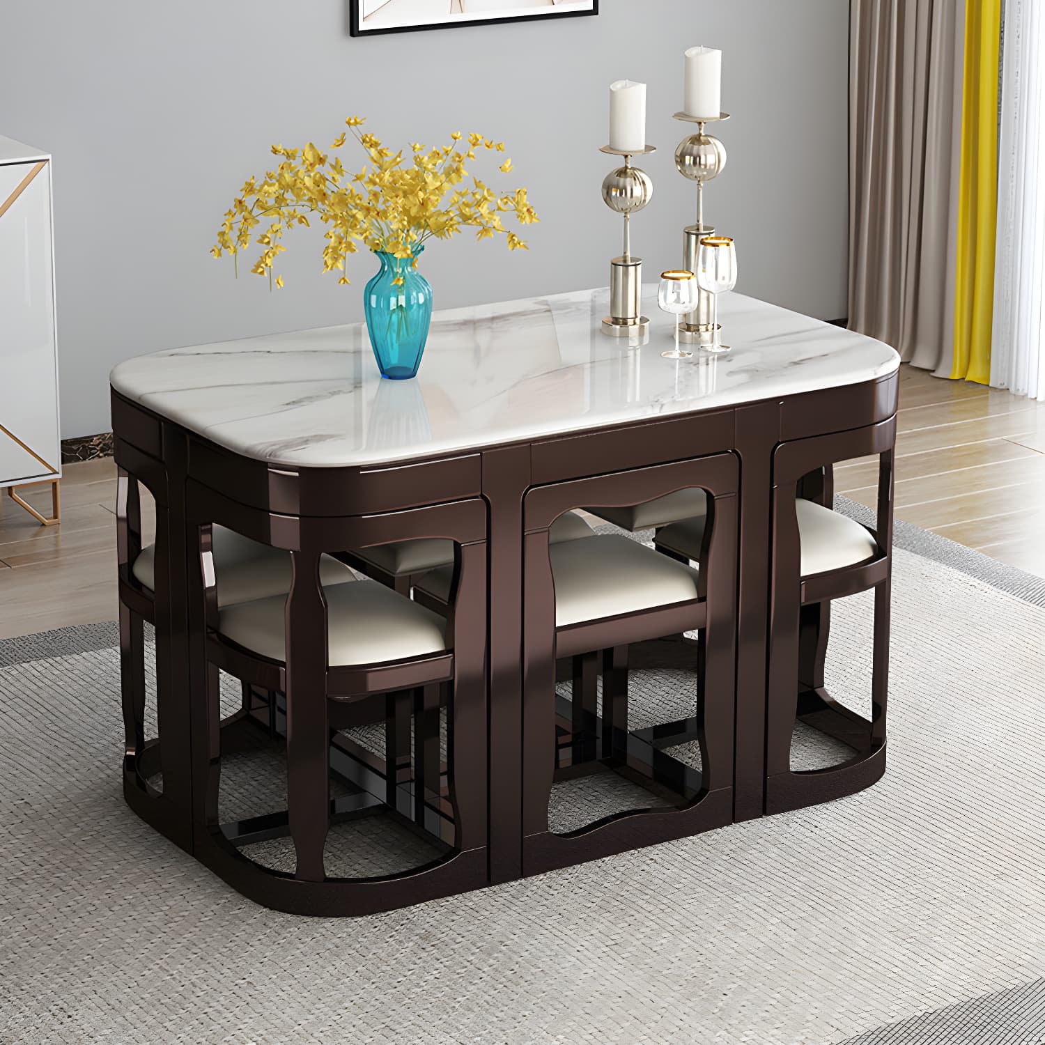 7-Piece Modern Wood Dining Set with Trestle Base and Upholstered Chairs in White - Seats 6 thumbnail 21