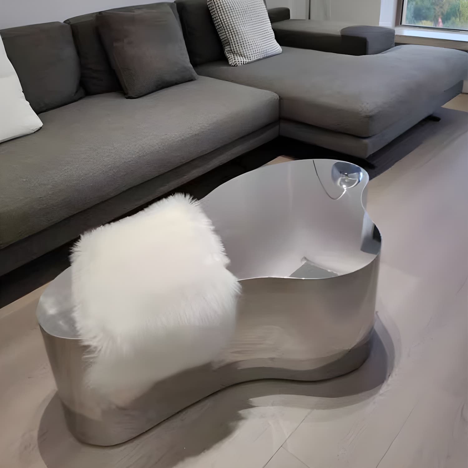 Silver Modern Coffee Table with Free Form Metal Top and Abstract Stainless Steel Base thumbnail 6