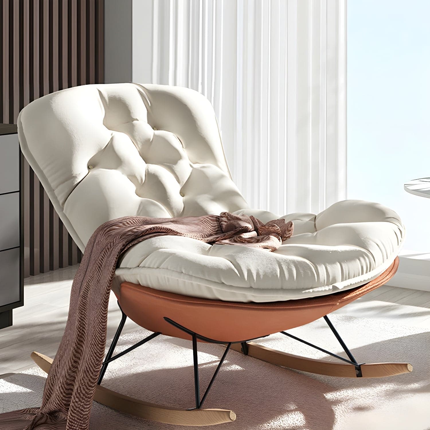 Stylish and Comfortable Modern Upholstered Indoor Rocking Chair with Natural Wood Legs thumbnail 6