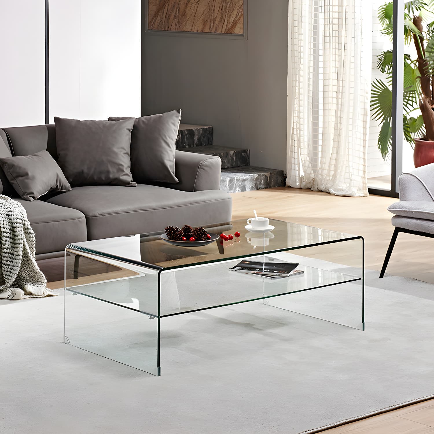 15.7"H Modern Sled Base White/black Glass Square Coffee Table with Shelf thumbnail 5
