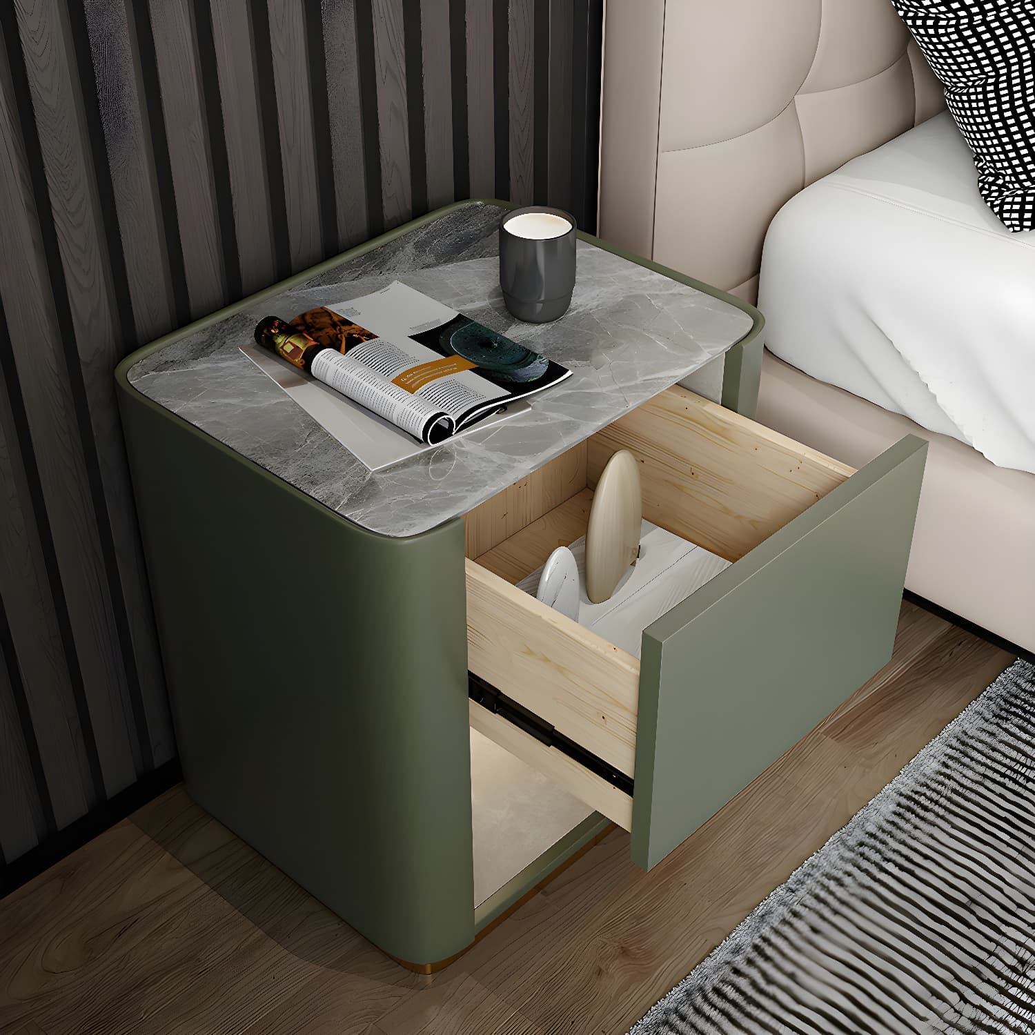 Modern Solid Wood and Slate Night Table Drawer Storage Bed Nightstand thumbnail 8