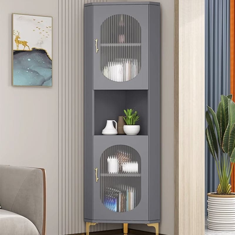 Gold Corner Modern Accent Cabinet with Glass Doors and Exterior Shelving thumbnail 1