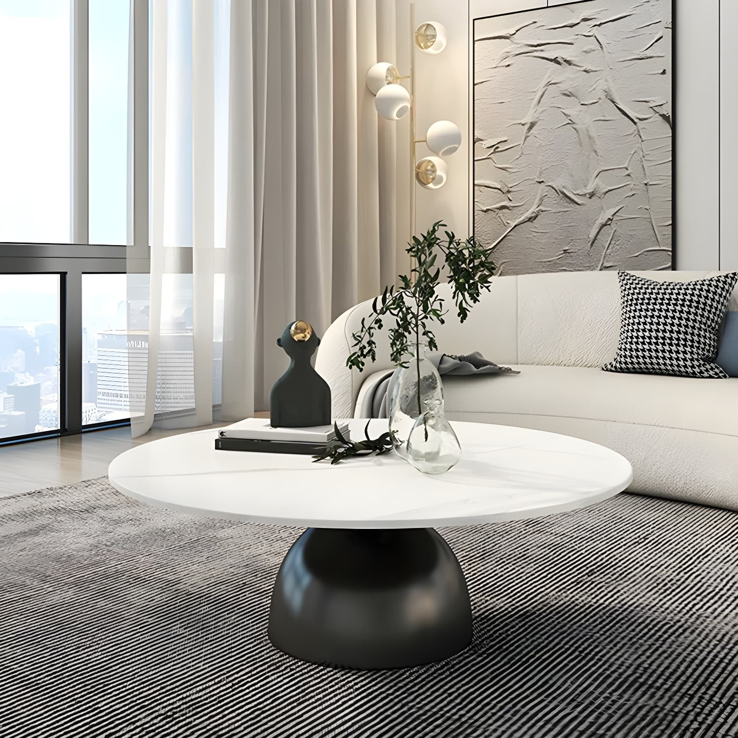Round Stone Glam Coffee Table with Pedestal Iron Base and Built-in Storage thumbnail 6