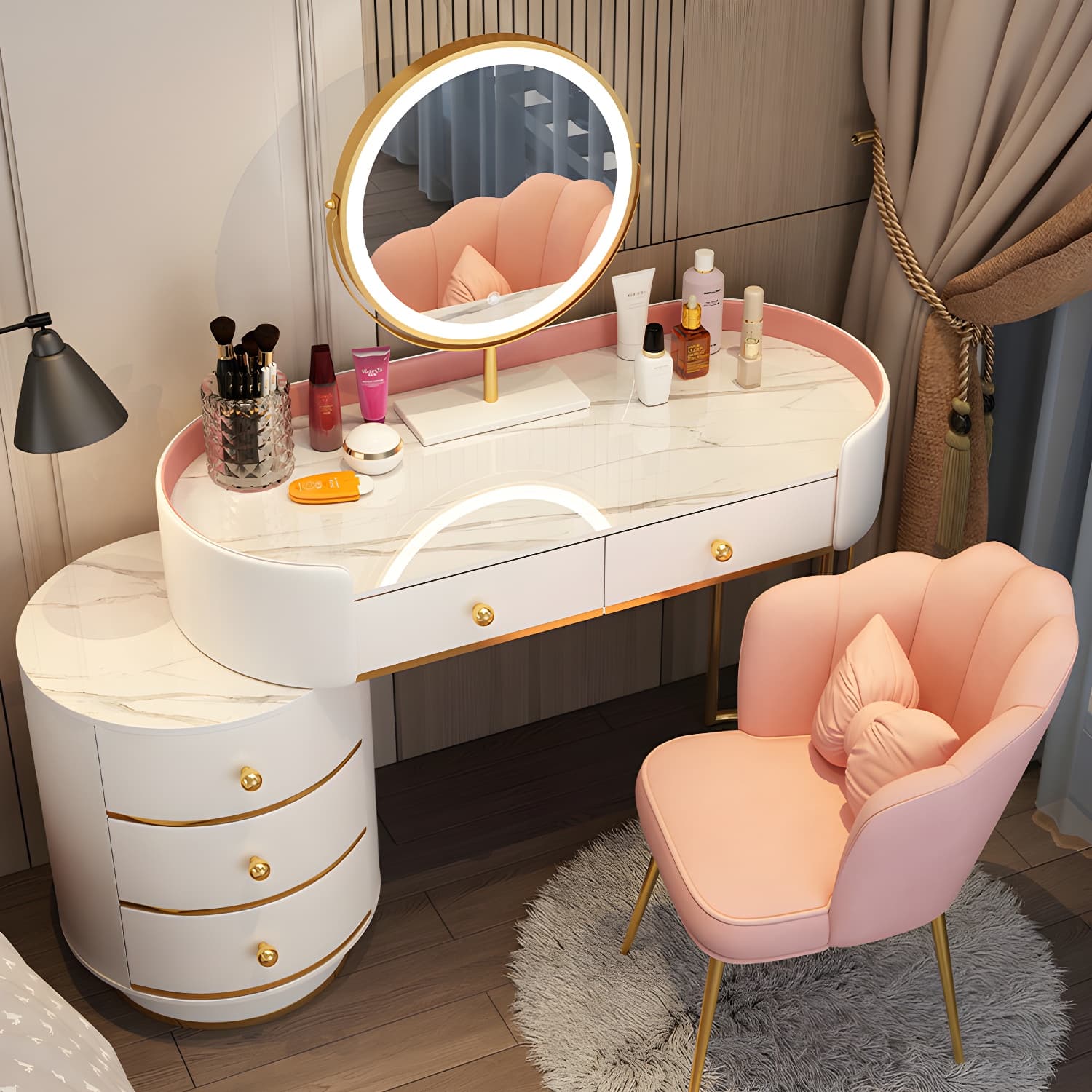 Wooden Makeup Vanity Desk Bedroom Dressing Table Stool Set with Drawer thumbnail 7