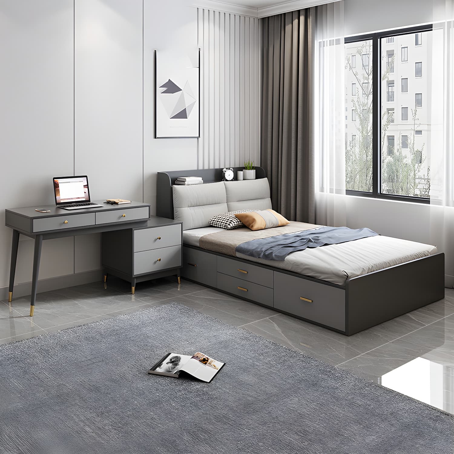 Scandinavian Low Profile Bed with Headboard Upholstered Bed with Drawers thumbnail 10