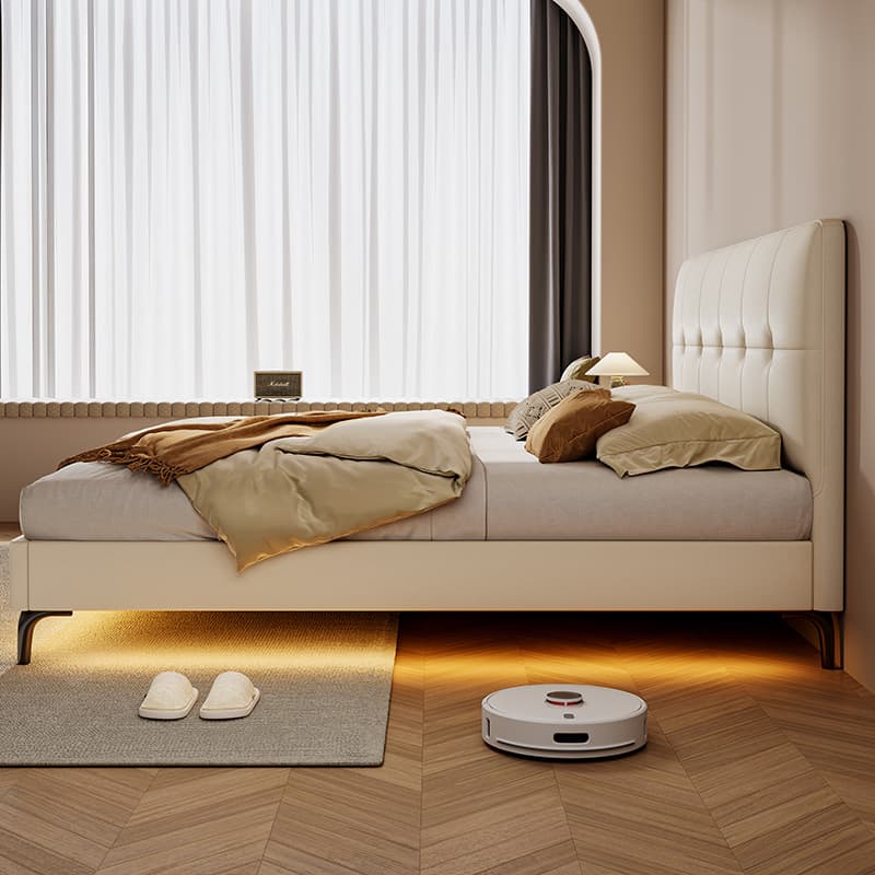 White Contemporary Panel Bed with Leg, Stitch-tufted Design, and Natural Wood Slats for Bedroom thumbnail 2