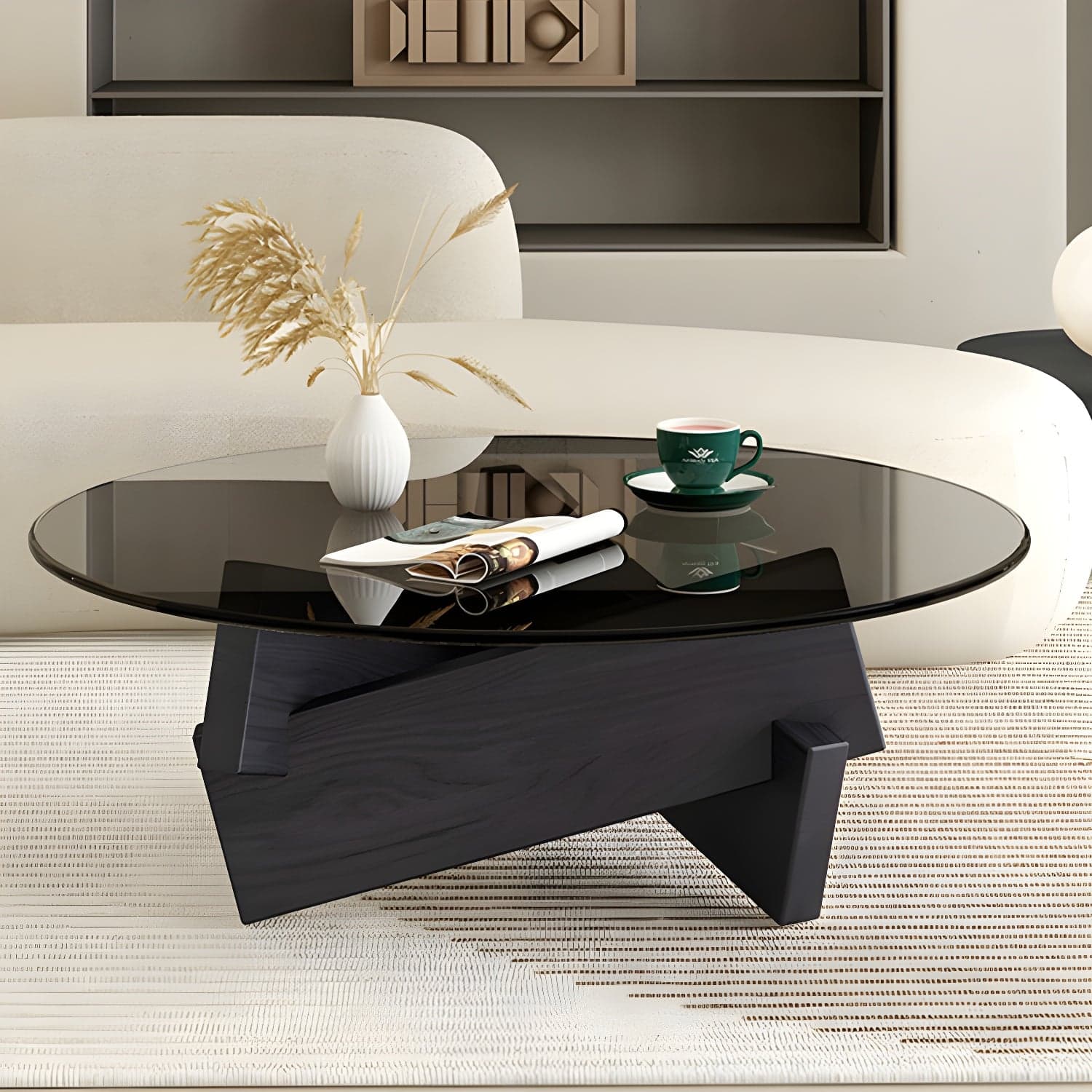 Stylish Round Glass Coffee Table with Tempered Top and Abstract Wood Base thumbnail 1