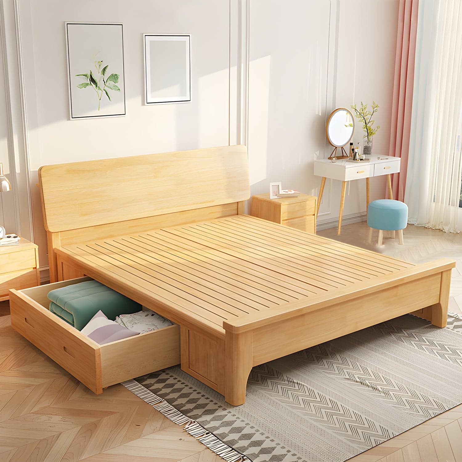 84.65 inch Wide Scandinavian Bed Frame Solid Wood Standard Bed with Headboard thumbnail 3