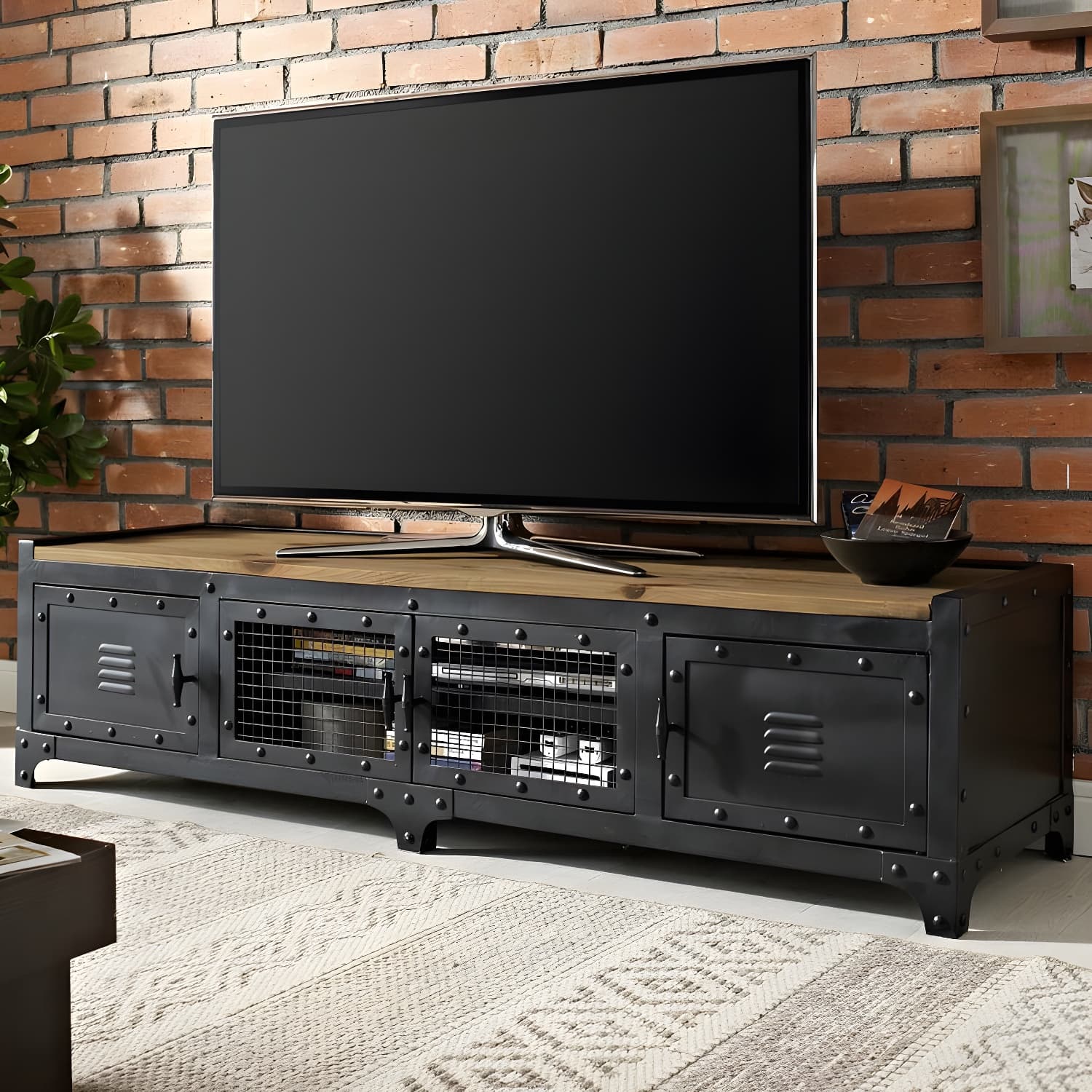 American Retro Industrial Style TV Cabinet Iron Art Solid Wood Bedroom TV Stand thumbnail 4