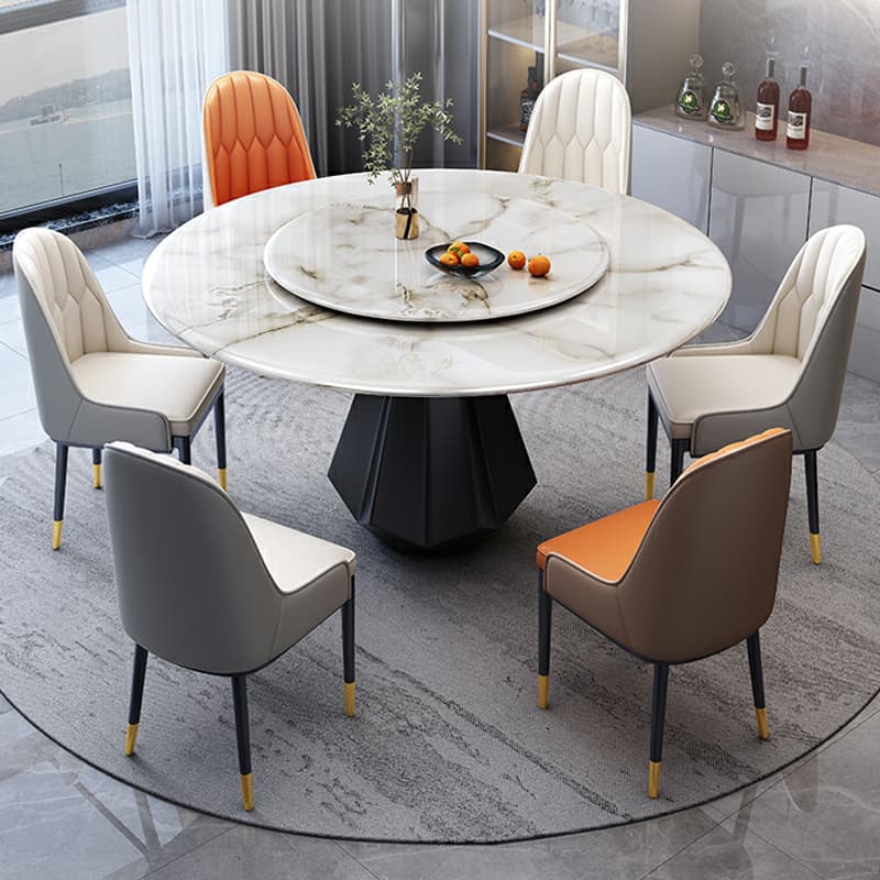 Modern Round Marble Dining Table Set with Black Metal Base in Beige thumbnail 4