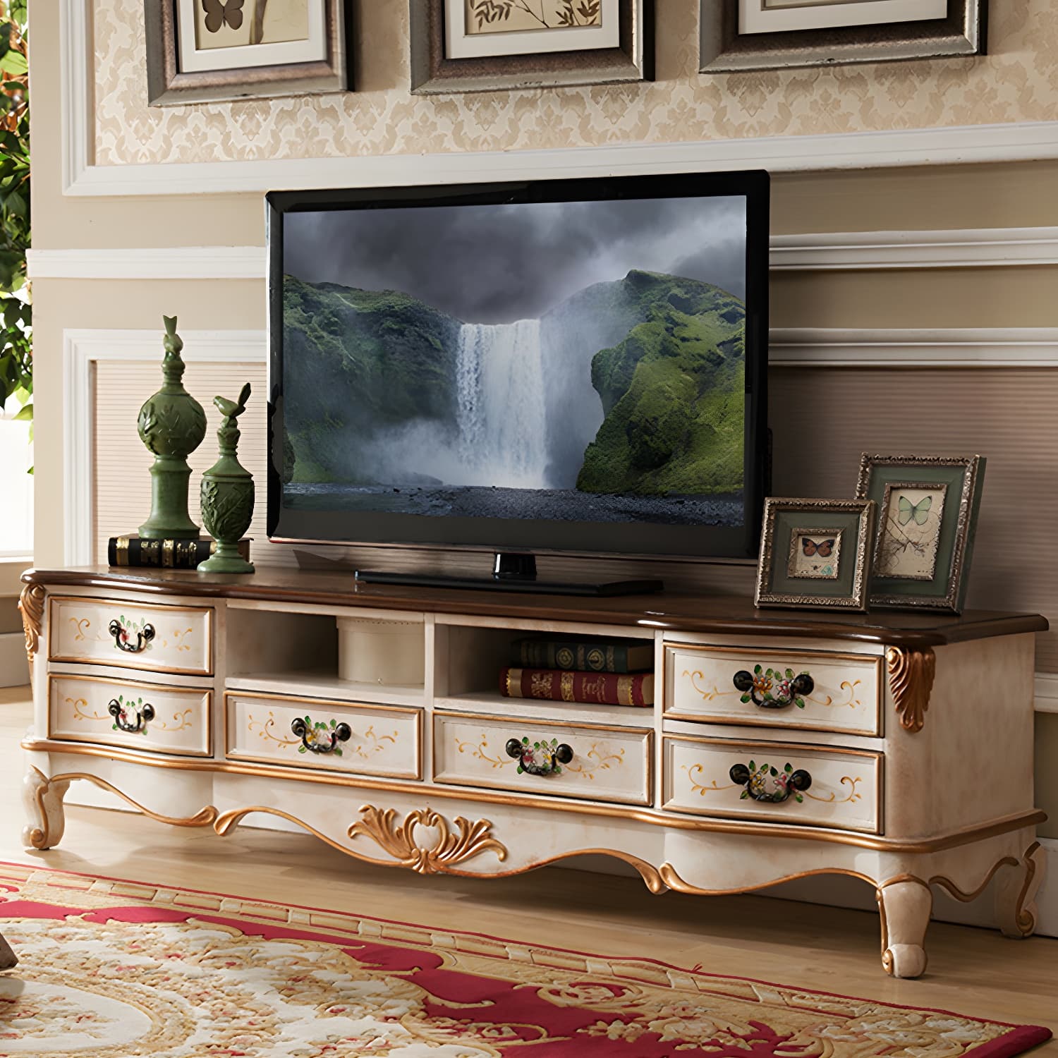 Vintage Birch Wood Media Console Matte Finish TV Media Stand with Drawers and Open Storage thumbnail 6