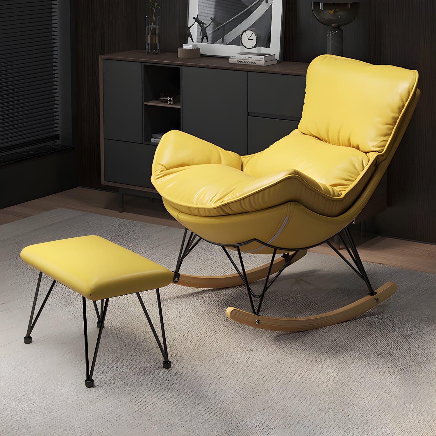 Wing Back Rocking Chair Solid Wood Rocker Chair with Ottoman thumbnail 7