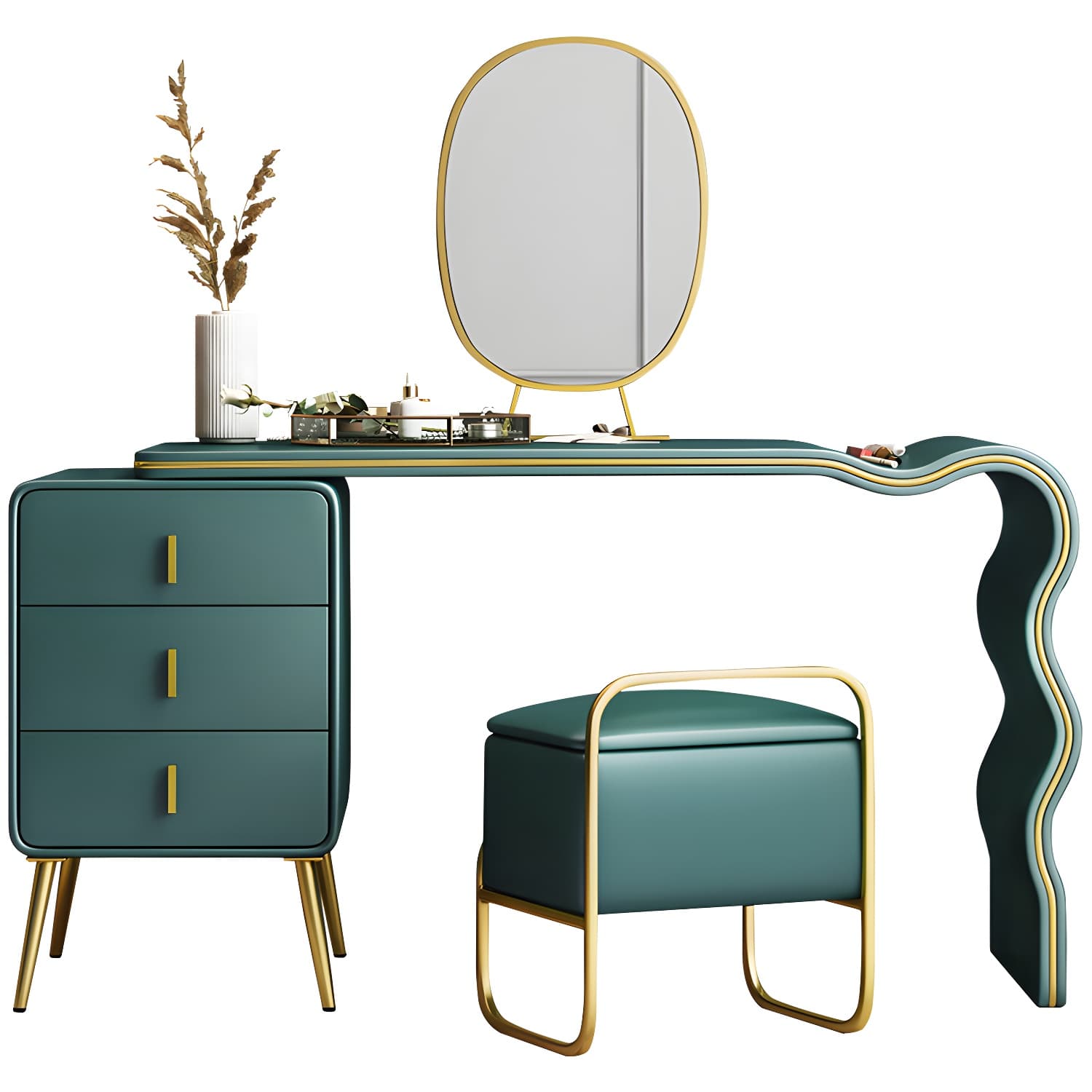 3 Drawers Make-up Vanity Set, 28.74" H Leather Vanity with Stool & Mirror thumbnail 14