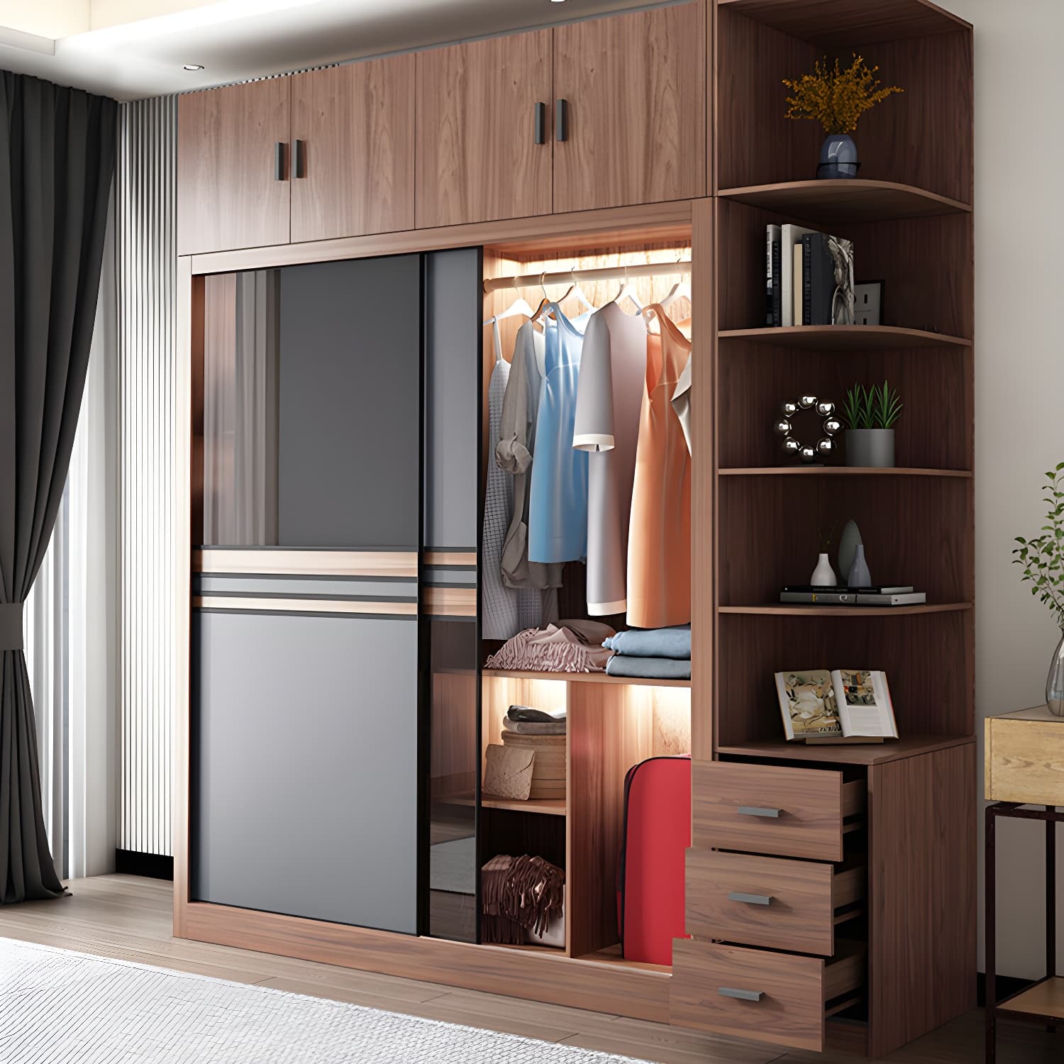 Brown Engineered Wood Wardrobe Armoire Modern Wardrobe Closet thumbnail 3
