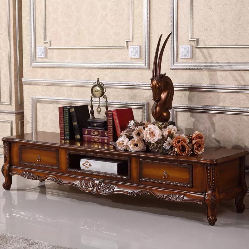 Scandinavian Brown TV Stand with Drawers & Shelves and Low Height featuring Open Storage thumbnail 1