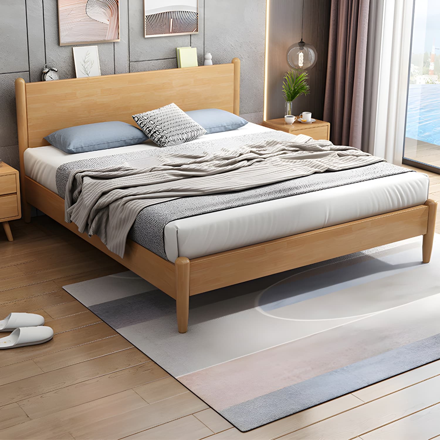 Northern European Solid Wood Bed Frame Mattress Included Panel Bed with Headboard thumbnail 5