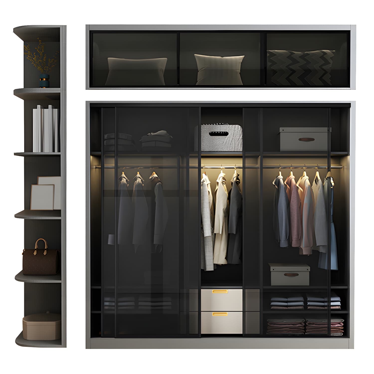 Contemporary Wood and Tempered Glass Wardrobe Freestanding Wardrobe Armoire without Light thumbnail 8
