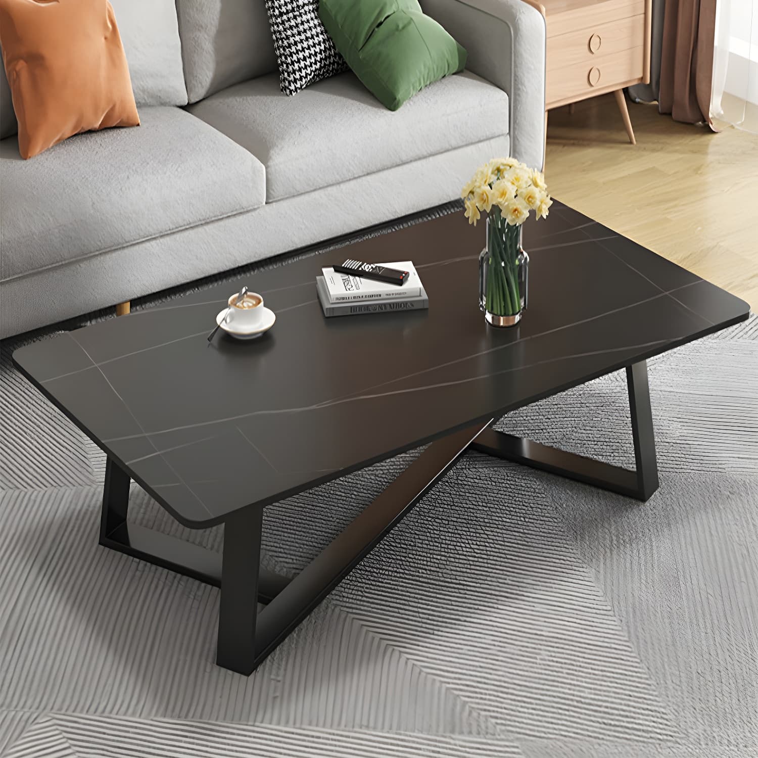 Modern Rectangle Coffee or End Table Stone and Steel Coffee Table with Cross Legs thumbnail 5